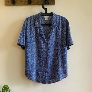 VTG Blue Button Down Short Sleeve Blouse with White Dots